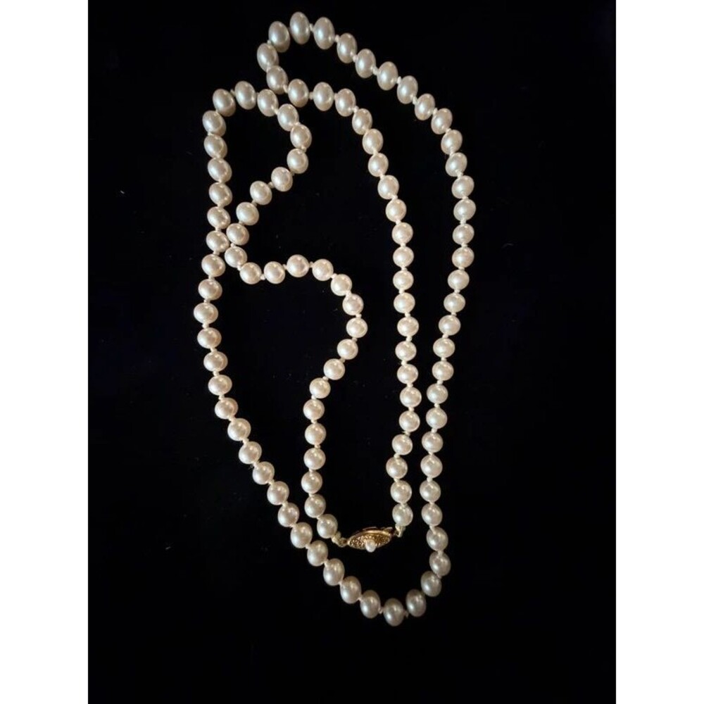 Long Knotted Faux Pearl Necklace, 30", Filigree Clasp